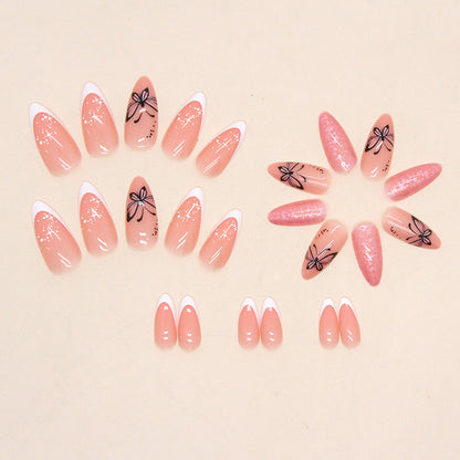 Pink Butterfly French Tip Press-On Nails | 24-Piece Reusable Almond Nail Set | Cute Glossy Fake Nails