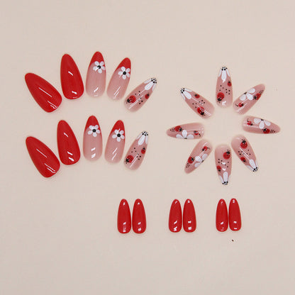 Red Floral Almond Press-On Nails – Glossy Ladybug & Daisy Spring Nail Set (Set of 24)