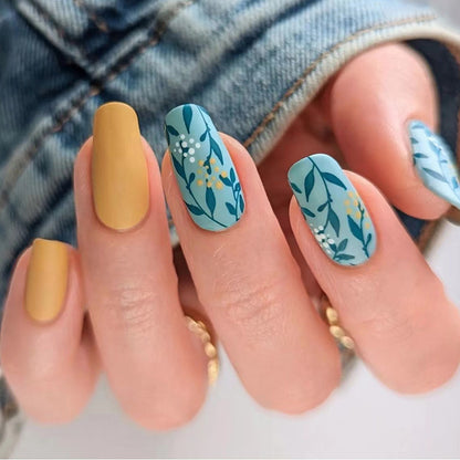 Sage Blue Botanical Press-On Nails – Matte Oval Floral Nail Set (Set of 24)