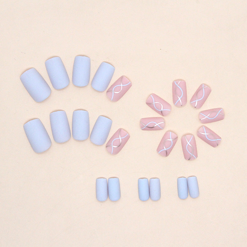 Matte Blue and Pink with White Line Pattern, 24 Pieces, Press on Nails