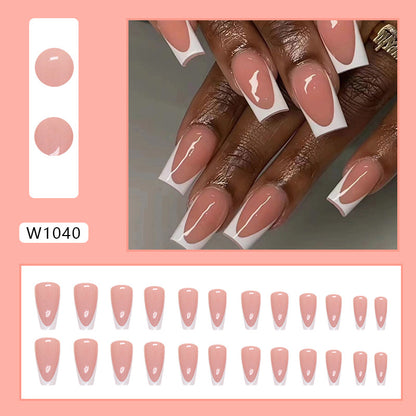 Classic French Coffin Shape Press On Nails – 24 Piece Glossy Nude & White French Tip Nail Set