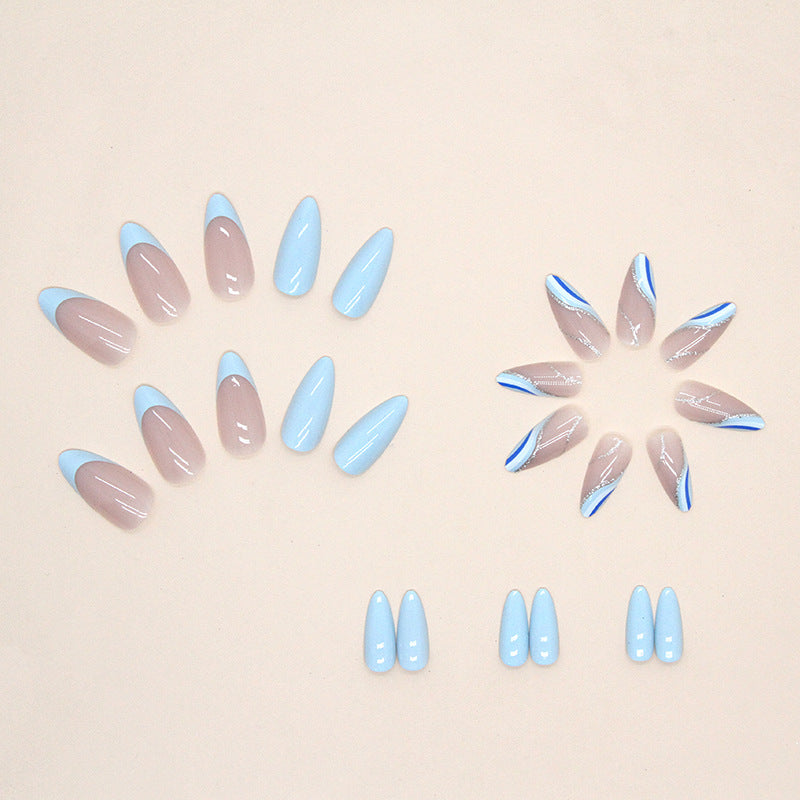 Light Blue and Beige French Tips, Stiletto Shape, 24 Pieces, Artificial Press-On Nails