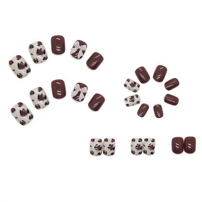Mocha Brown Bow & Speckled Accent Press-On Nails – 12 Piece Glossy Square Nail Set