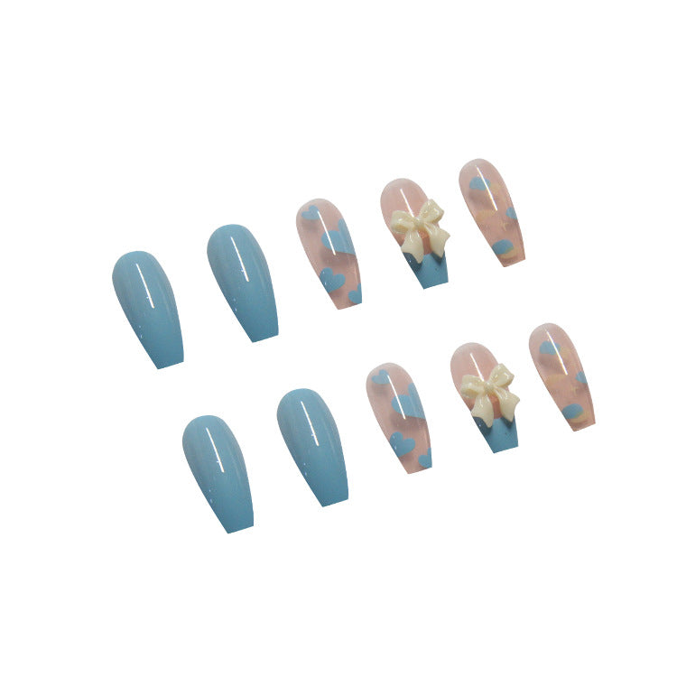 Light Blue Cloud Design with White Bow, Long Coffin Shape, Press on Nails