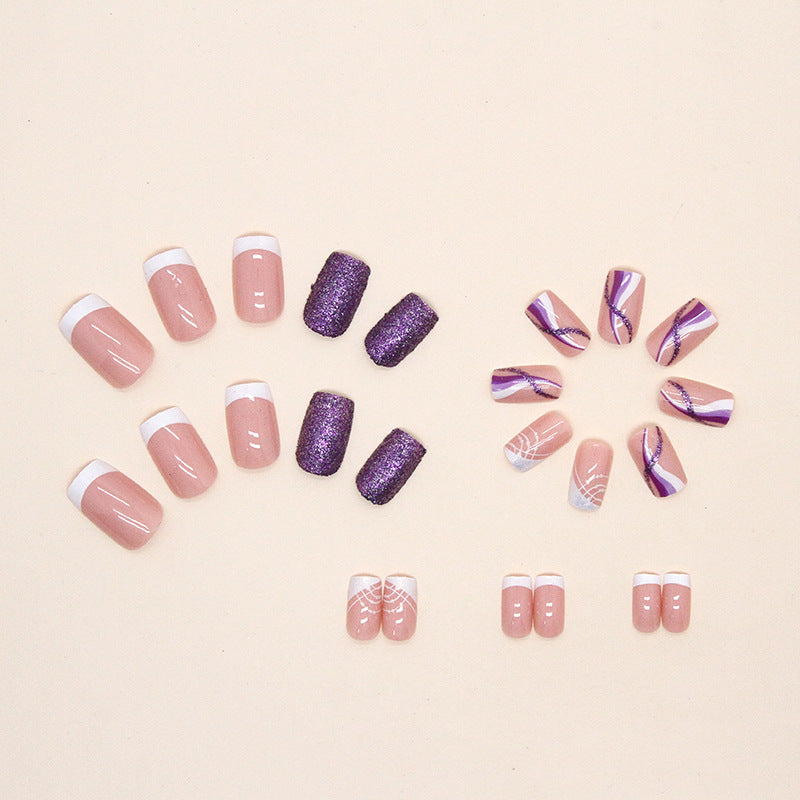 Purple Glitter and French Tips, Mixed Design with White Accents, Press on Nails