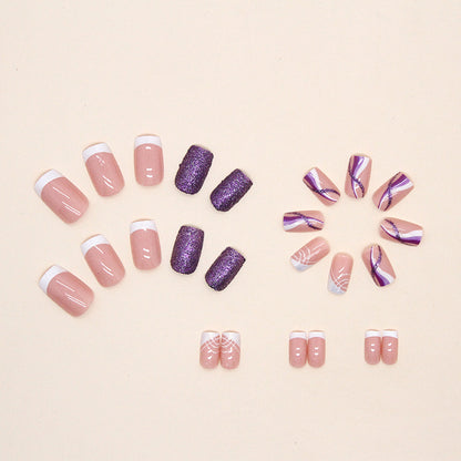 Short Square Press-On Nail Set – Pink French Tips with Purple Glitter Accent & Abstract Nail Art | Glossy Reusable False Nails(Set of 24)