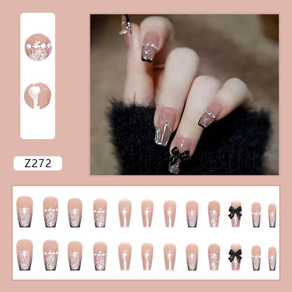 Black French Glitter Coffin Press-On Nails – 3D Bow & Rhinestone Glam Nail Set (Set of 12)