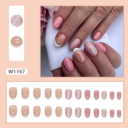Soft Pink French Tip Oval Press-On Nails – Glossy Glitter Accent Nail Set (Set of 24)