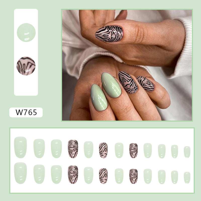 Zebra Print Set, Mint Green and Black Pattern, Almond Shape, Press-On Nails