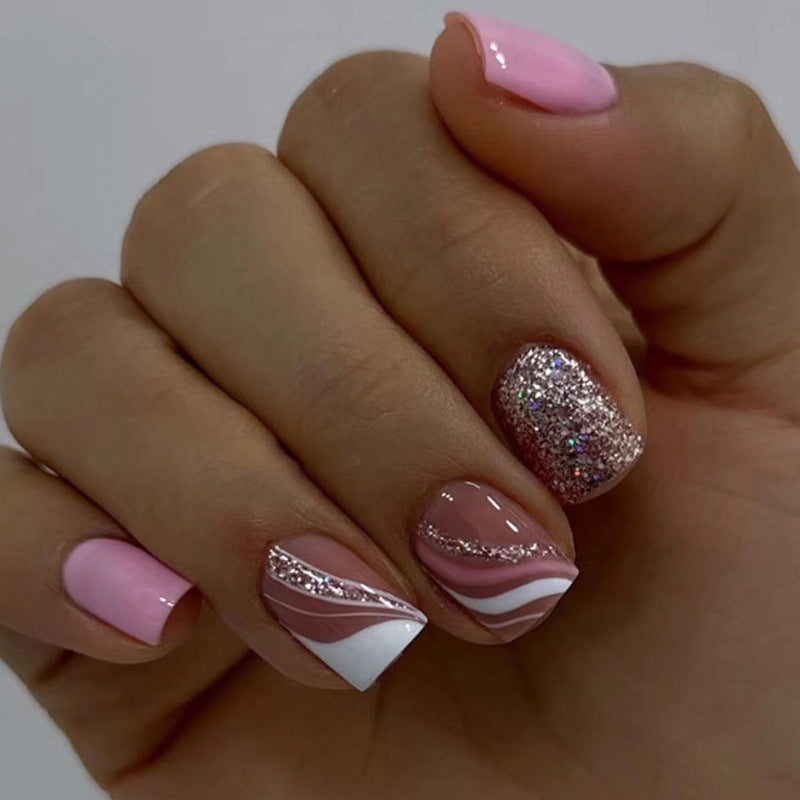 Pink and White Glitter Nail Art Design Set, Geometric Wave Pattern, Sparkle Accent Manicure Press on Nails