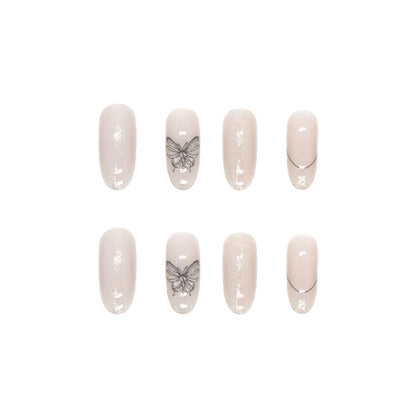 Almond Press-On Nail Set – Nude Shimmer French Tips with Black Butterfly Accent | Glossy Reusable False Nails