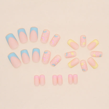 Medium Square Press-On Nail Set – Pastel Pink & Yellow French Tips with 3D Daisy Floral Nail Art | Glossy Reusable False Nails (Set of 24 Pieces)