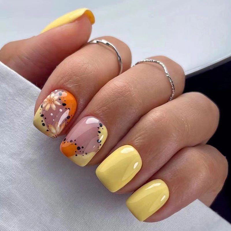 Spring Floral Nail Art Design, Yellow and Orange Gradient Manicure with Daisy Pattern, Professional Gel Polish, Press on Nails