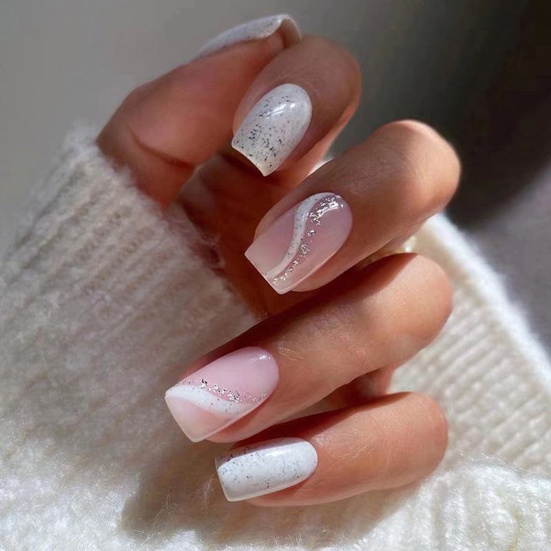 Glitter French Tips, Pink and White Ombre Design, Square Shape, Press on Nails