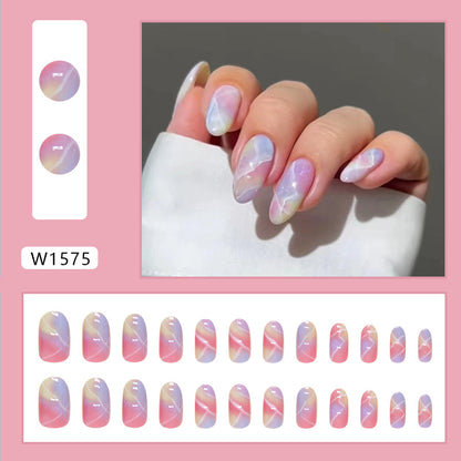 Aurora Pastel Almond Press On Nails – 24 Piece Iridescent Rainbow Marble Set