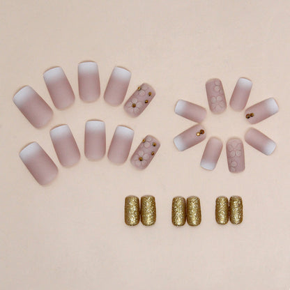 Long Square Press-On Nail Set – Matte Pink Ombre Flower Nails with Gold Glitter Accent | Reusable False Nails (Set of 12)