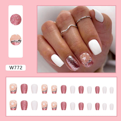 Square Press-On Nail Set – White & Rose Gold Glitter Star Design | Glossy Reusable False Nails (Set of 24)