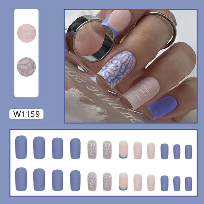 Blue Butterfly Square Press-On Nails – Pastel French Tip & Floral Nail Set (Set of 24)