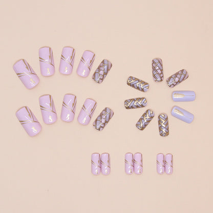 Pastel Pink & Lavender Gold Line Press-On Nails – Long Square Matte Nail Set (Set of 24)