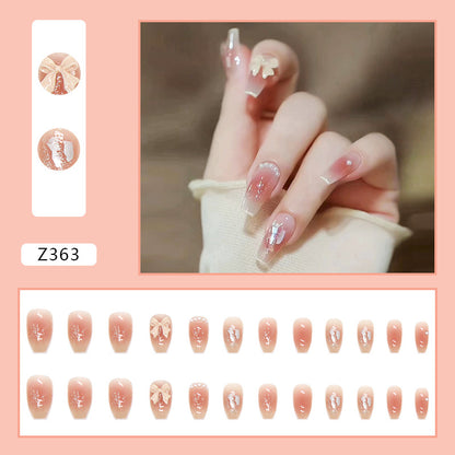 Clear Nude Bow & Pearl Press-On Nails – 12 Piece Glossy Coffin Nail Set