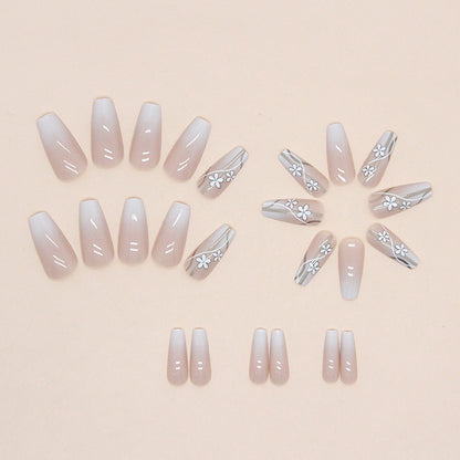 Ivory Bloom Square Press On Nails – 24 Piece Elegant Floral French Tip Set