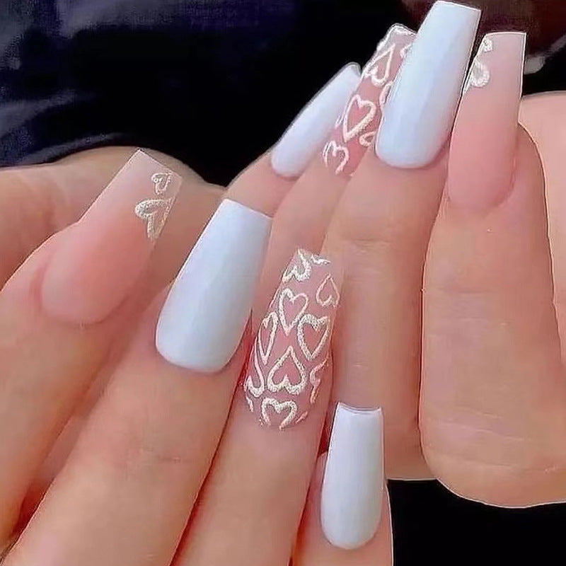 Long Coffin White with Heart Pattern Design Press on Nails