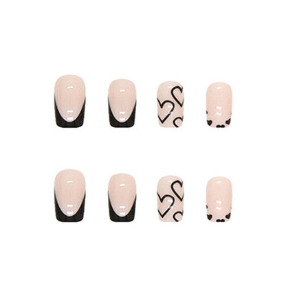 Black French Tip Heart Press-On Nails – 24 Piece Glossy Square Nail Set