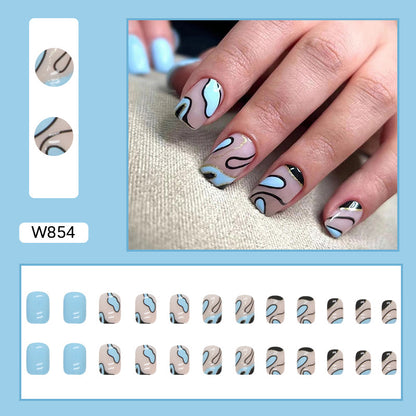 Abstract Aqua & Gold Wave Press-On Nails – Glossy Nude, Black & Blue Luxury Nail Set (Set of 24)