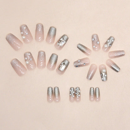 Coffin Shape Press-On Nail Set – Champagne Gold Glitter Pearl Nails with Mirror Foil | Glossy Reusable False Nails (Set of !2)