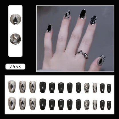 Black & Silver Chrome Marble Press-On Nails – 12 Piece Glossy Square Nail Set