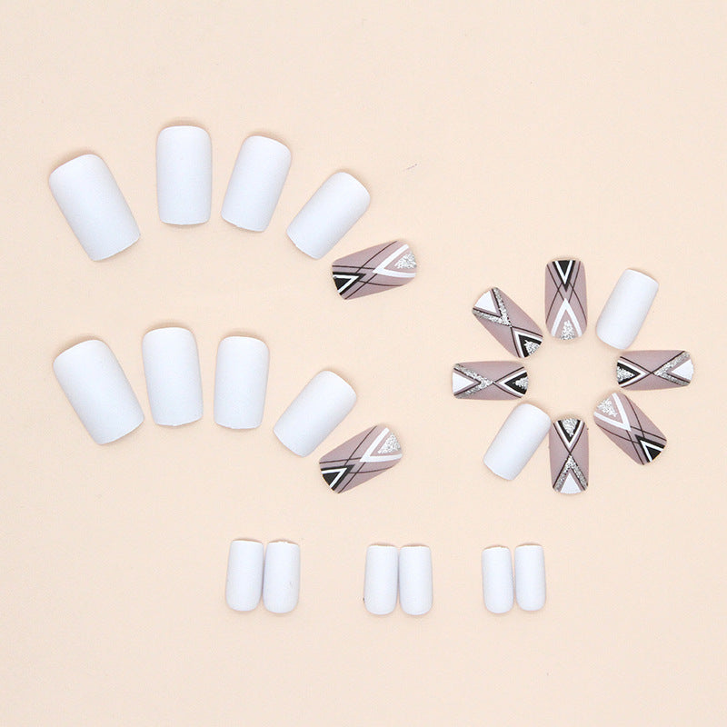 Geometric Nail Art Design Set, White and Pink with Black Lines, Silver Glitter Accents, Long Square Tips, Press on Nails