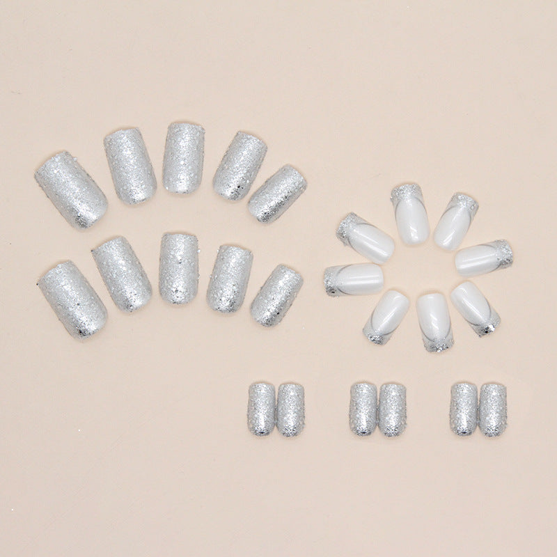 Silver Glitter and White French Tips, 24 Pieces, Press on Nails