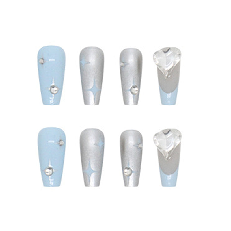 Light Blue and Chrome with Crystal Heart Design, Press on Nails