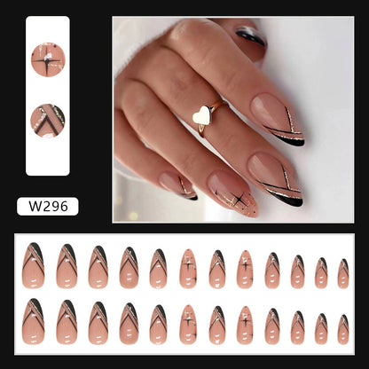 Almond Press-On Nail Set – Nude Black French Tips with Rose Gold Glitter Line Art | Glossy Reusable False Nails (Set of 24)