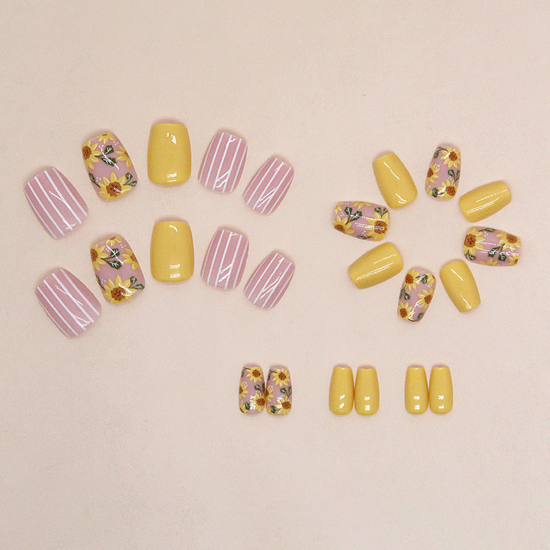 Summer Floral Nail Art Design, Yellow and Pink Manicure Set with Sunflower Pattern, Striped Accent, Press on Nails