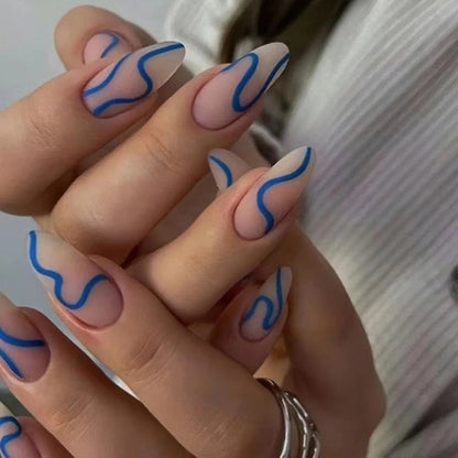 Nude & Royal Blue Abstract Wave Almond Press-On Nails – 24 Piece Glossy Nail Set