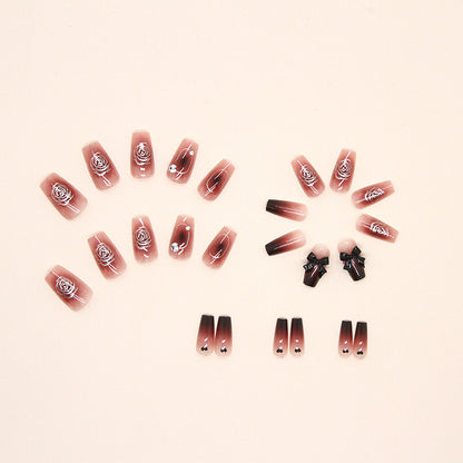 Burgundy Rose Bow Square Press-On Nails – Wine Red Ombre 3D Floral Nail Set (Set of 12)