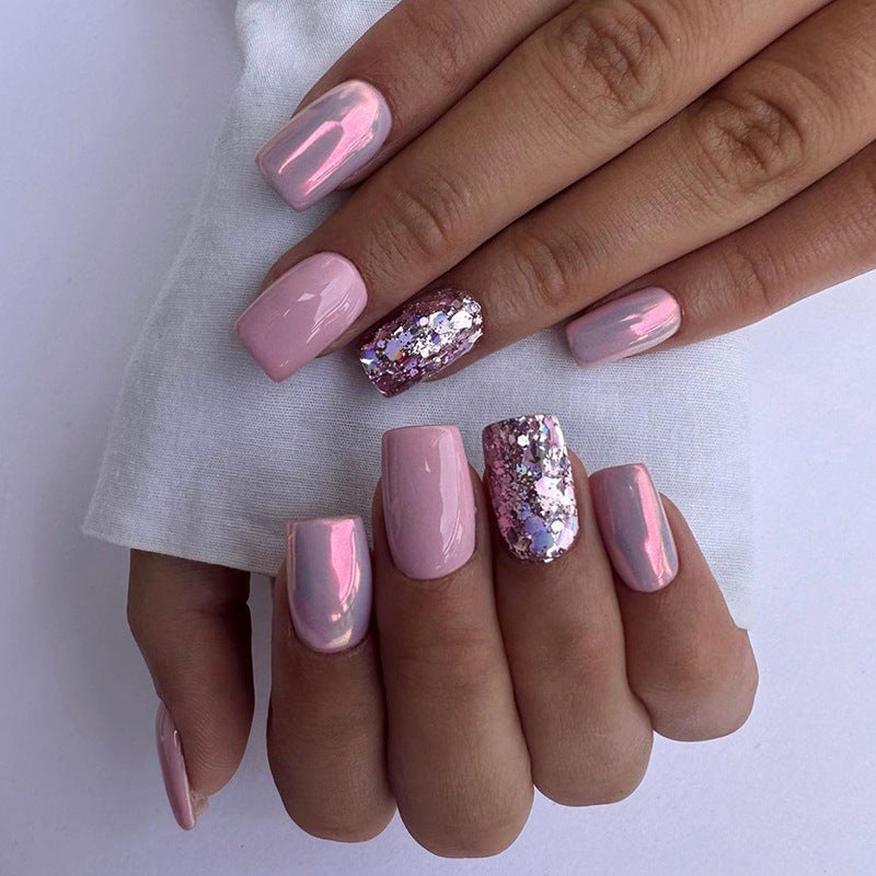 Iridescent Pink Chrome with Glitter Accent, Square Shape, Press-On Nails