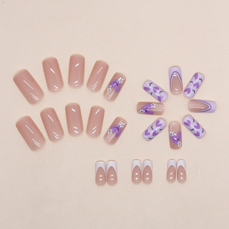 Valentine Hearts and Eyelashes Nail Art Design, French Tip Manicure Set, Purple and White, Press on Nails