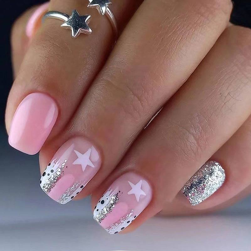 Star Pattern, Pink and Silver Glitter Design, Artificial Nail Art Set, Press-On Nails