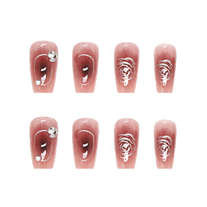 Burgundy Rose Bow Square Press-On Nails – Wine Red Ombre 3D Floral Nail Set (Set of 12)