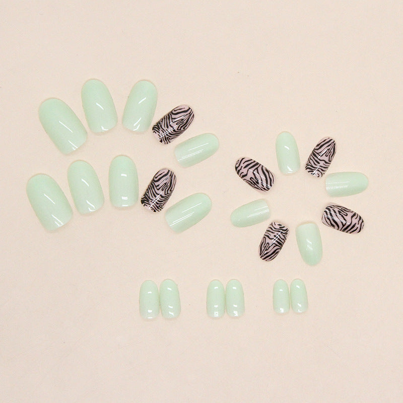 Zebra Print Set, Mint Green and Black Pattern, Almond Shape, Press-On Nails