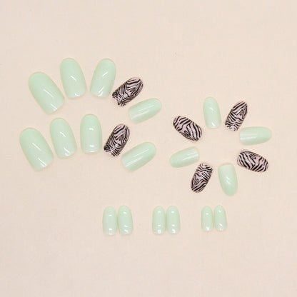 Sage Safari Almond Press On Nails – 24 Piece Mint Green & Zebra Print Nail Set