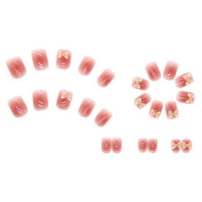 Nude Glitter Bow Square Press-On Nails – 3D Gold Bow Glossy Nail Set (Set of 12)