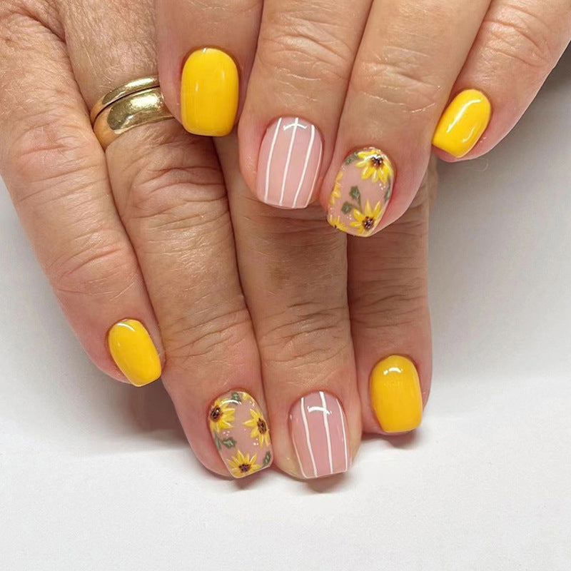 Summer Floral Nail Art Design, Yellow and Pink Manicure Set with Sunflower Pattern, Striped Accent, Press on Nails