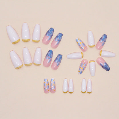 Square Press-On Nail Set – White Ombre, Royal Blue Marble & Gold Foil | Glossy Reusable False Nails (Set of 24)