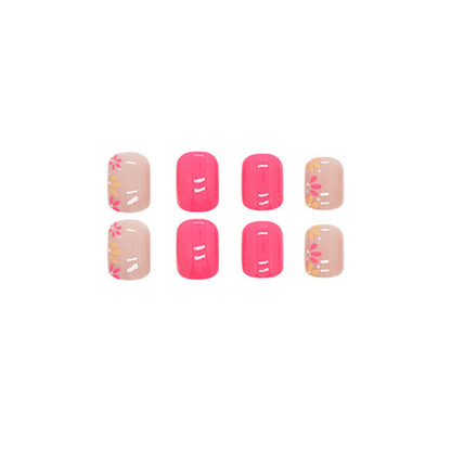 Short Square Press-On Nail Set – Hot Pink & Peach Floral Nails | Glossy Reusable False Nails (Set of 24 Pieces)