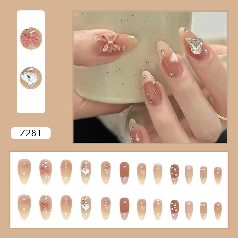 Luxury Set, Nude Pink with Crystal Rhinestones, 3D Bow Design, Almond Shape, Press-On Nails
