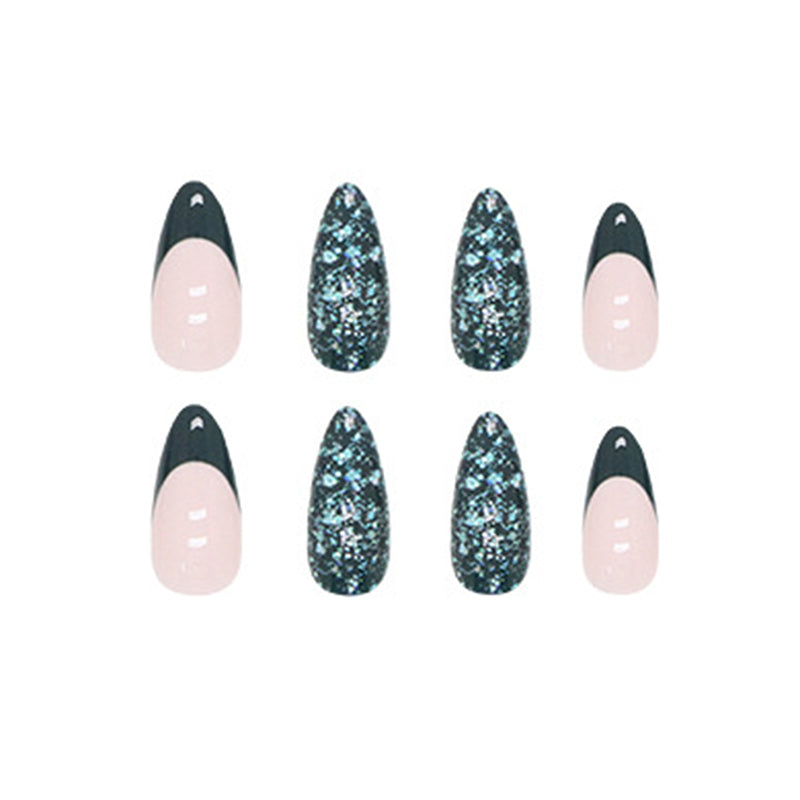 French Tips with Black Tips and Blue Glitter Accent, 24 Pieces, Stiletto Shape, Press on Nails