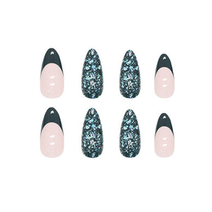 Long Stiletto Press-On Nail Set – Emerald Green French Tips with Galaxy Glitter Accent | Glossy Reusable False Nails (Set of 24 Pieces)